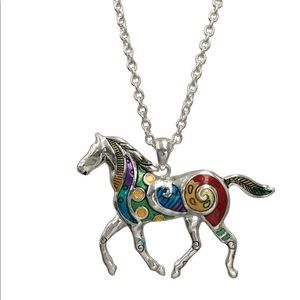 Multicolor Painted Horse Long Silver Necklace